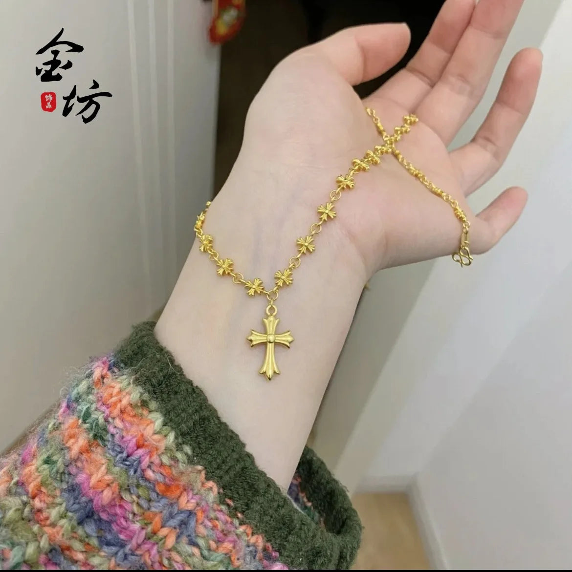 Fashion 9999 24K real gold retro ethnic style golden Crow cross necklace light luxury versatile jewelry for women