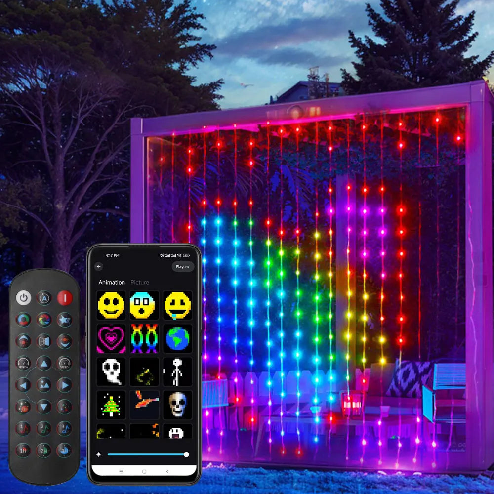 WS2812B Smart Curtain String Lights DIY Picture Text Music Syn Led Display Bluetooth App Remote Control Birthday Wedding Decor