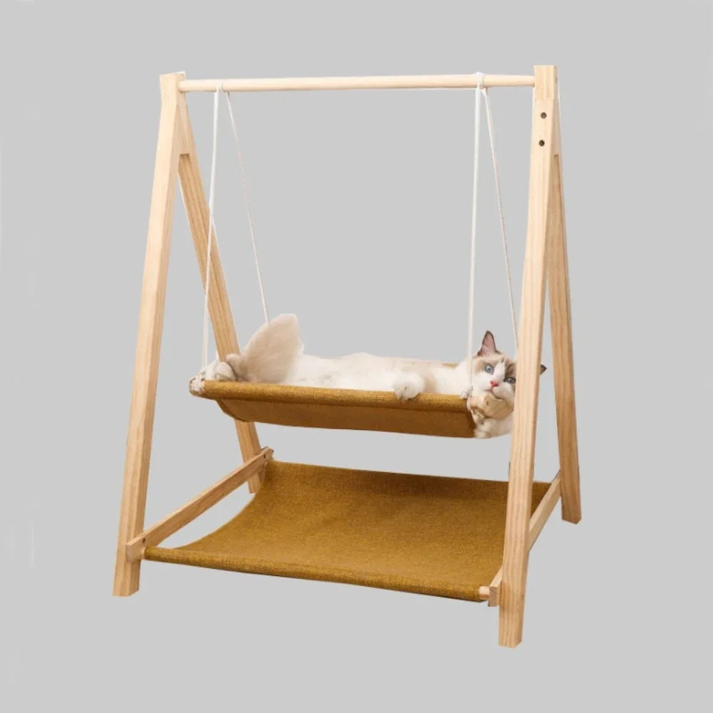 Dual-Layer Pet Hammock Light Cat Swing Simple and Large Capacity Wood Cats Nest Floor Type Comfortably Stable Cat Bed Indoor