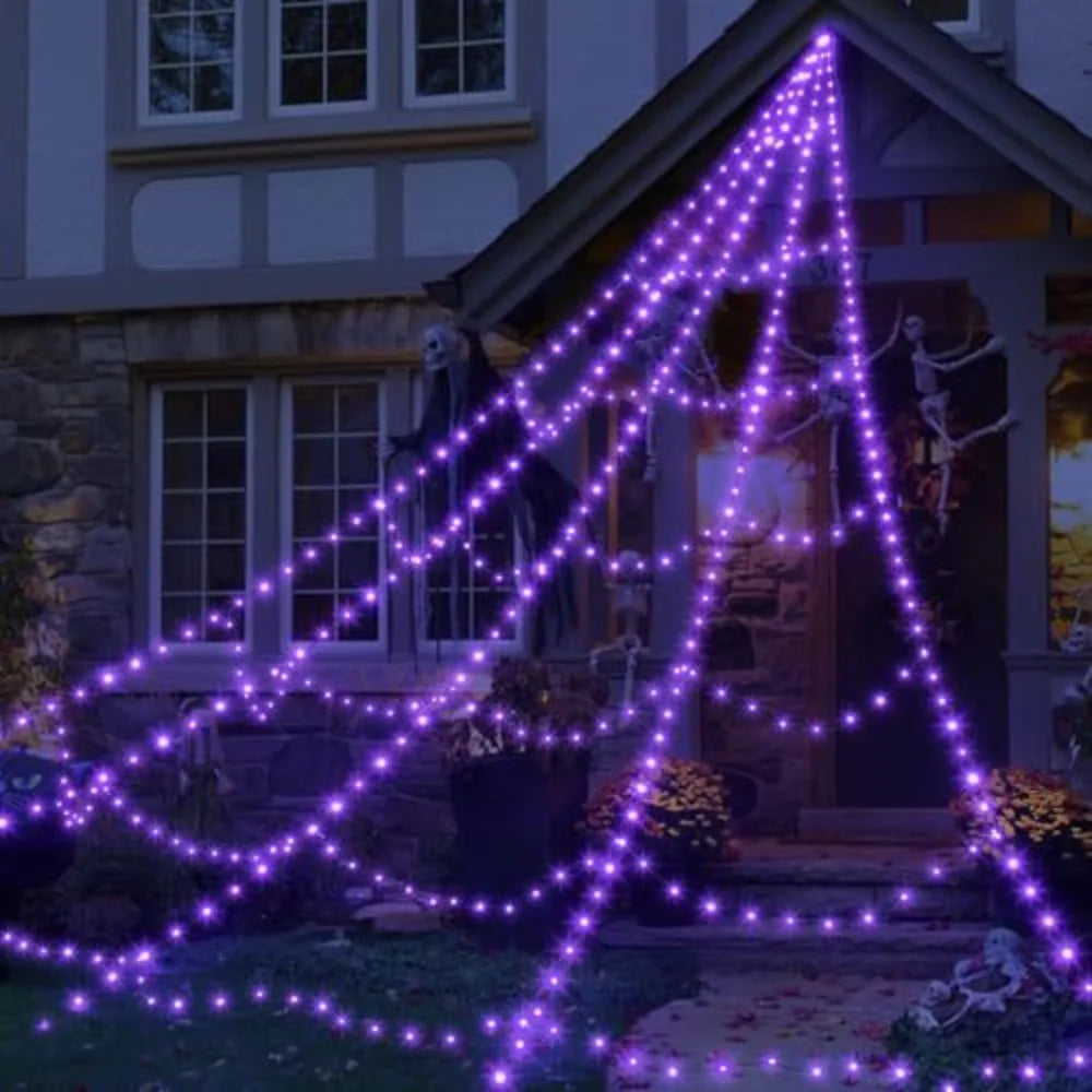 Practical 8 Modes Halloween Spider Web Lights Glow 250 LEDs LED Spider Net Hanging 5m Scary Giant Spider Haunted House
