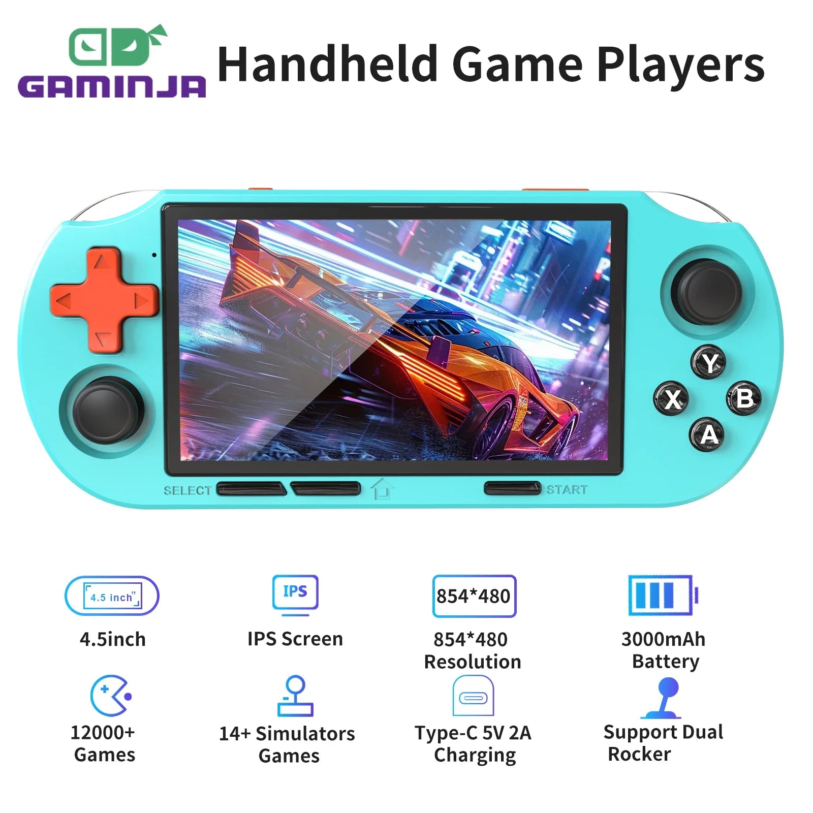 GAMINJA ANS16 Handheld Game 4.5 Inch IPS Screen RGB Lighting Portable Retro Video Game Console 64GB For PS1/GBA/SFC