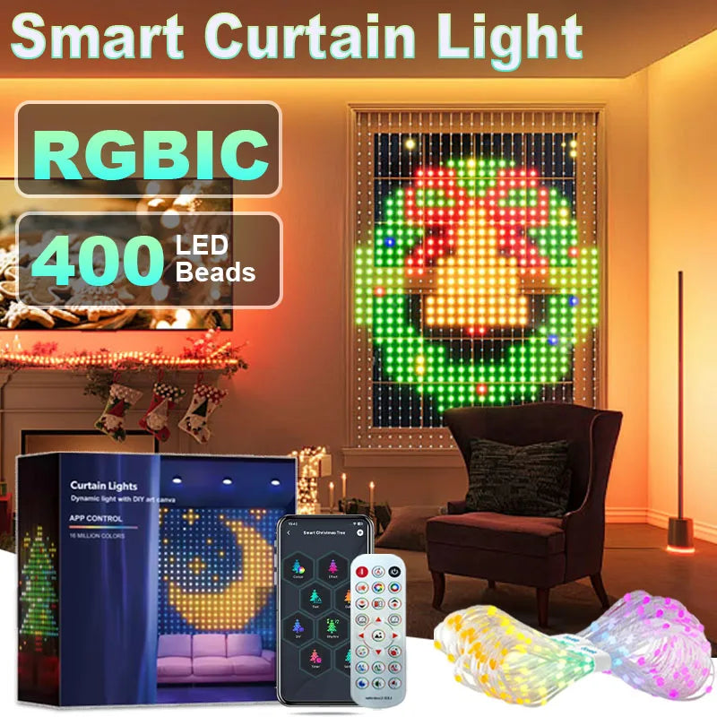 118x118" Smart Curtain Light Window Fairy Light 400LED APP Control DIY Music Sync IP65 Waterproof for Halloween Christmas Decor
