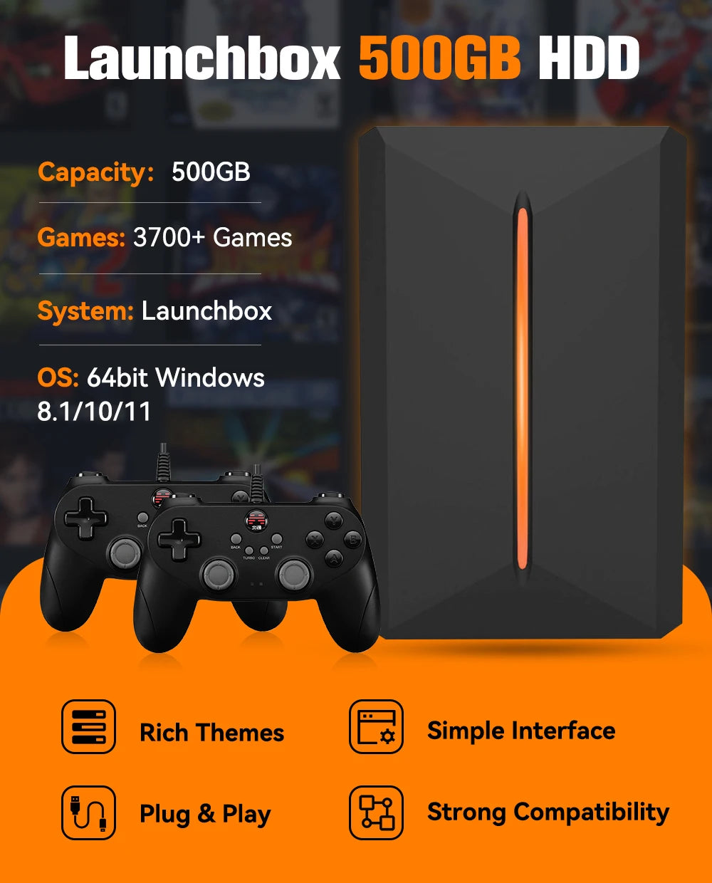 JMachen 500GB Game Hard Drive Launchbox Portable Gaming HDD with 3700+PC/3D Games for PS4/PS3/PS2/Wii/WiiU/Switch Game Console