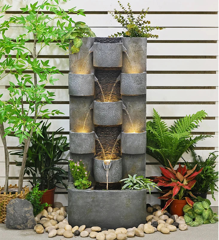 Garden Ornaments Outdoor Indoor Waterfall Floor-Standing Fountains with LED Lights for Yard Patio Backyard and Home Art Decor