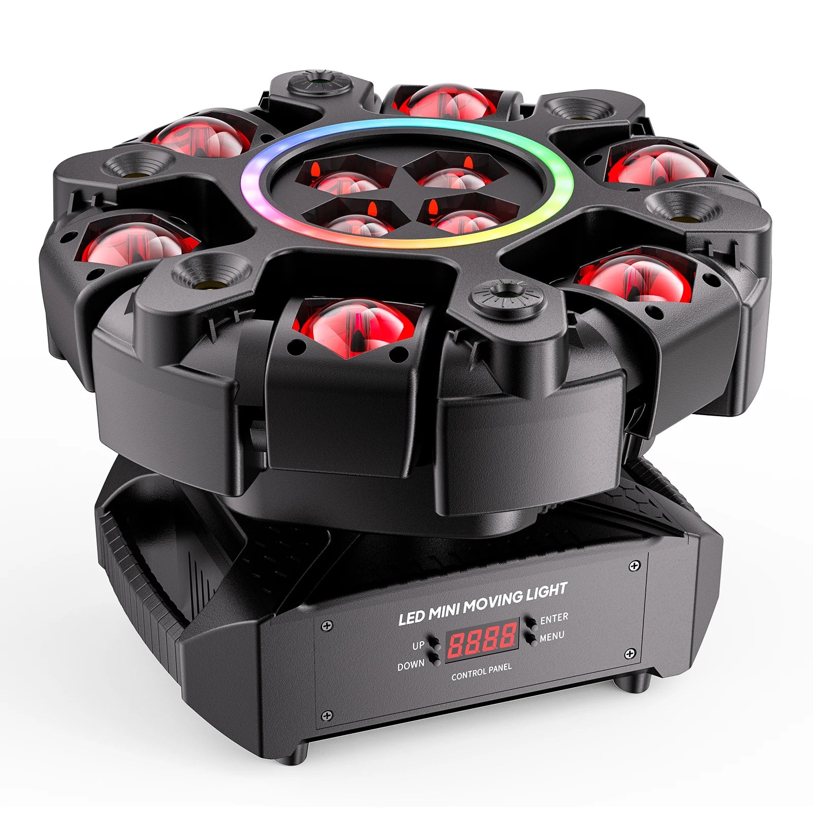 Fieryzeal 150W 6-Arm RGBW Beam Moving Head Light with Halo Effect Stage Light DMX512 Honeycomb Beam Strobe Effect for DJ Party