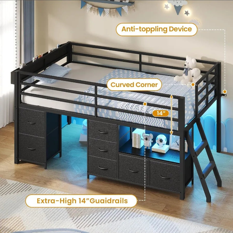 Low Loft Bed Twin Size with 7 Storage Drawers Bookcase and LED Lights Metal Loft Bed with 14 H Safety Guardrail Inclined Ladder