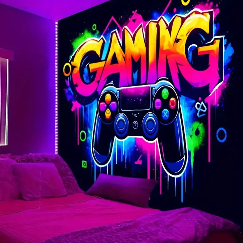 Gaming Controller Graffiti Art Tapestry Black Light Tapestry Wall Hanging UV Reactive Colorful Fluorescent Game Room Wall Decor