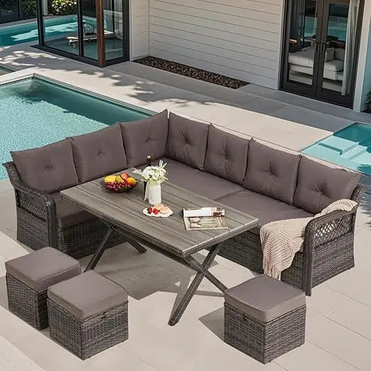 7 Pieces Patio Furniture Sets, Outdoor Dining Set, Patio Dining Sets with HDPE Table & Chairs, Ottamans for Garden, Deck(Light G