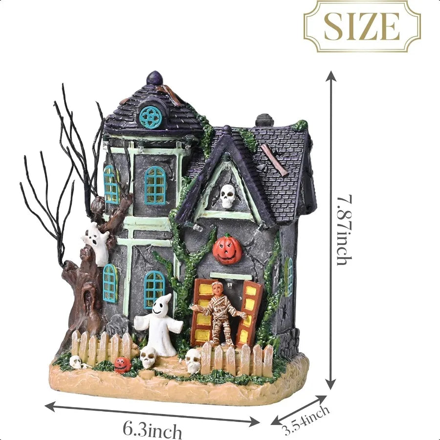 Halloween Decorations Lighted Halloween Village Houses with Music and LED Lights Resin Spooky Town Mummy's Haunted House for Ho