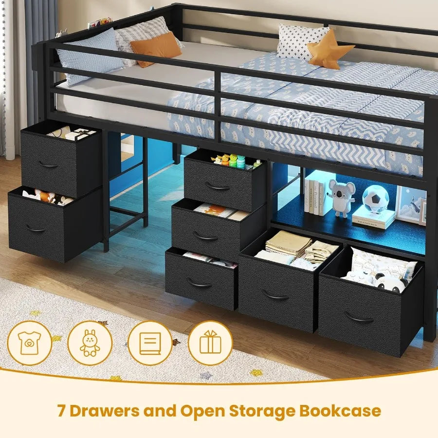 Low Loft Bed Twin Size with 7 Storage Drawers Bookcase and LED Lights Metal Loft Bed with 14 H Safety Guardrail Inclined Ladder