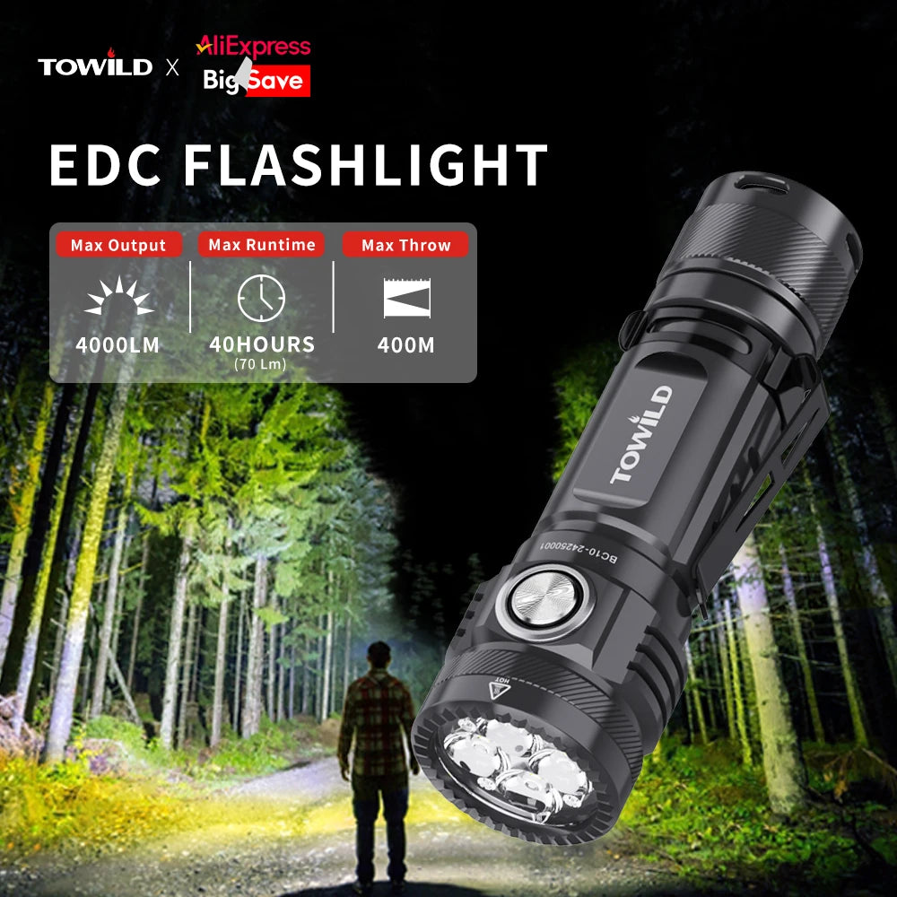 TOWILD BC10 EDC Flashlight Portable Rechargeable 4000lm IPX8 High Power Led Flashlight 21700 Torch For Camping  Outdoor Lighting