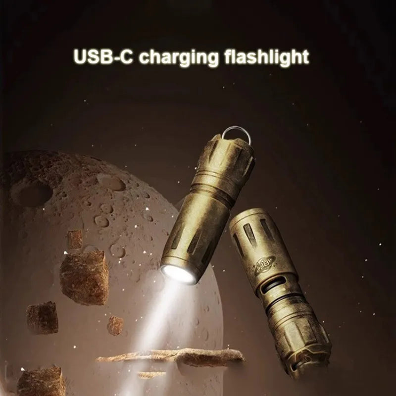 Portable Brass Flashlight for Type-c USB Charging Outdoor EDC Tools 180 lumens Waterproof Camping Survival Tool