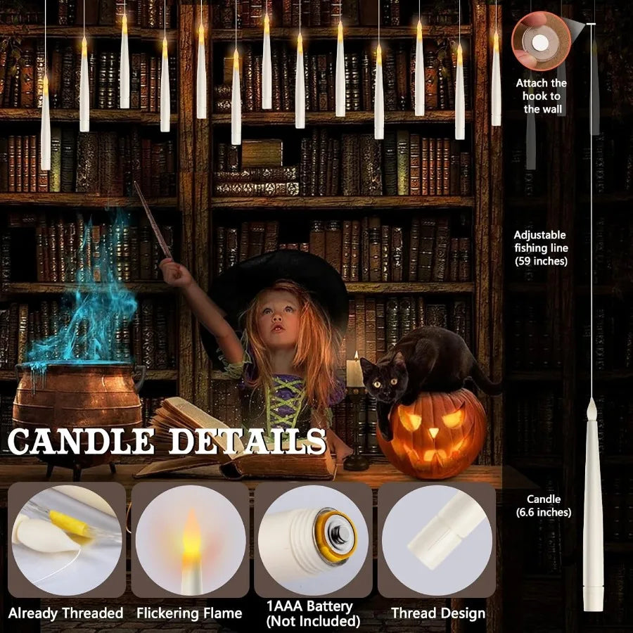 Floating Candles with Wand Remote 20 Pcs Magic Halloween Hanging Candles Flickering Warmer Light Flamel LED Candles with DIY St