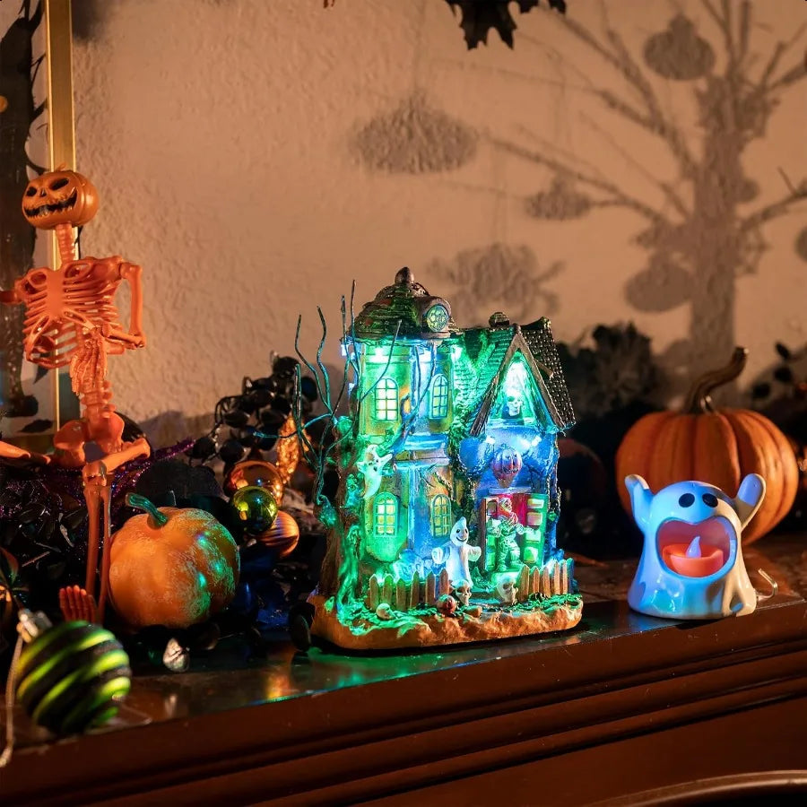 Halloween Decorations Lighted Halloween Village Houses with Music and LED Lights Resin Spooky Town Mummy's Haunted House for Ho