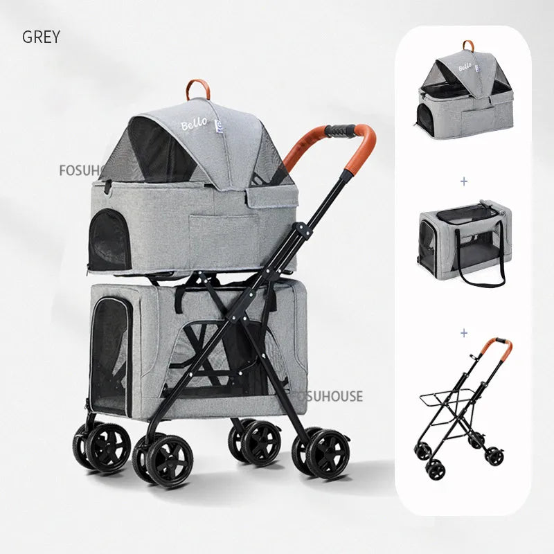 Modern Folding Lightweight Double-layer Pet Trolley Dog Puppy Pet Can Be Detached and Separated for Outdoor Travel Pet Strollers