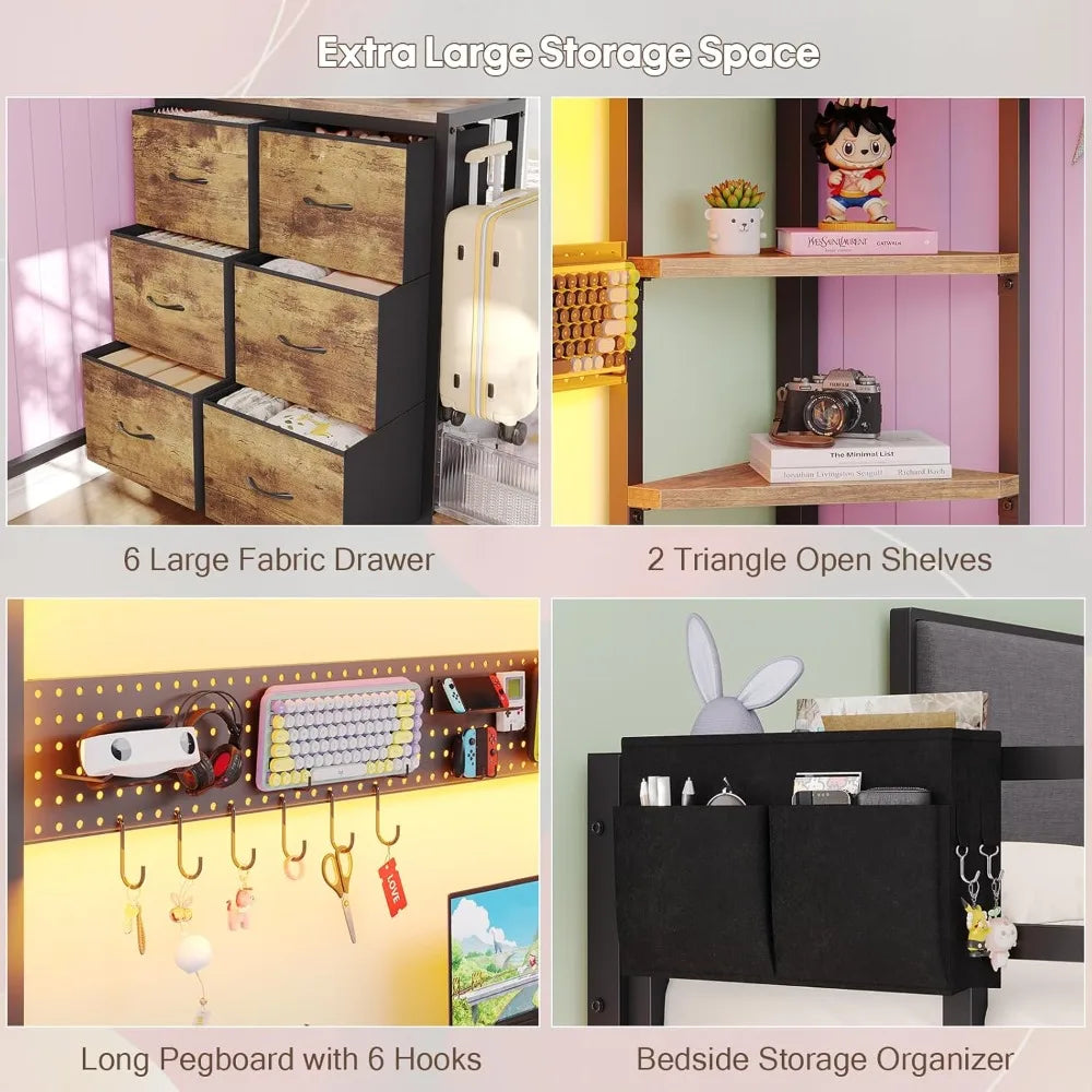 Loft Bed with Desk Full Size,Full Size Bed Frame with 6 Storage Drawers, 2 Bedside Organizer,6 Movable Hooks,LED Lights & Chargi