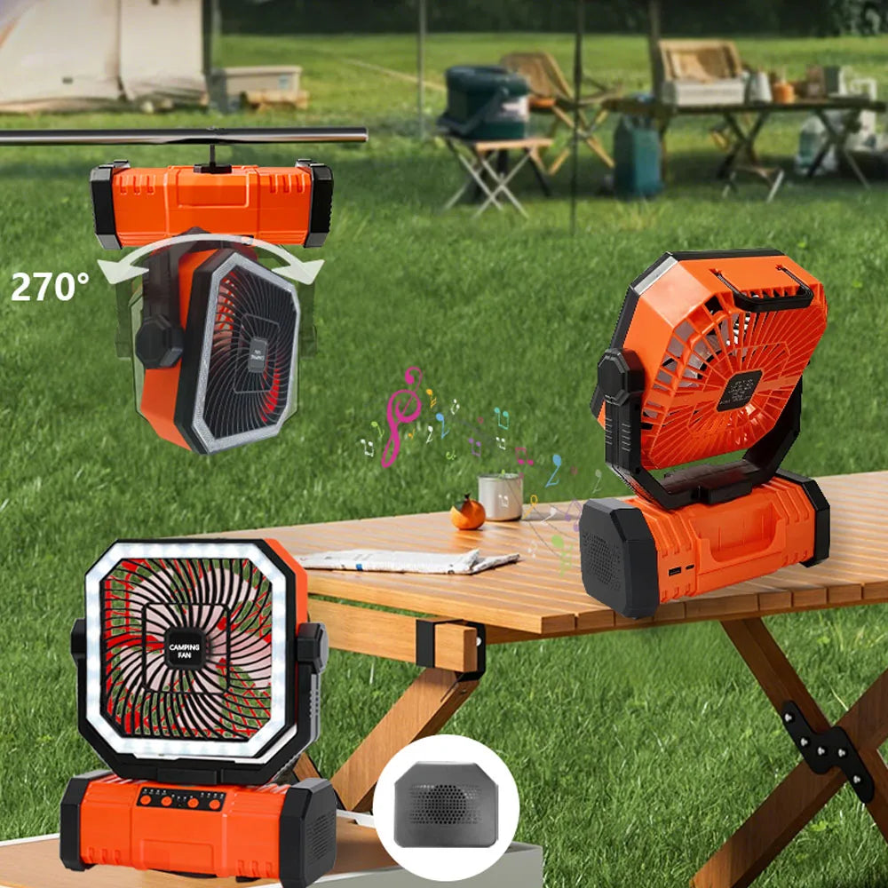 Multifunctional Outdoor Camping Fan Light Rechargeable Ceiling Fan with 3-speed Night Light and Power Bank Portable Fan