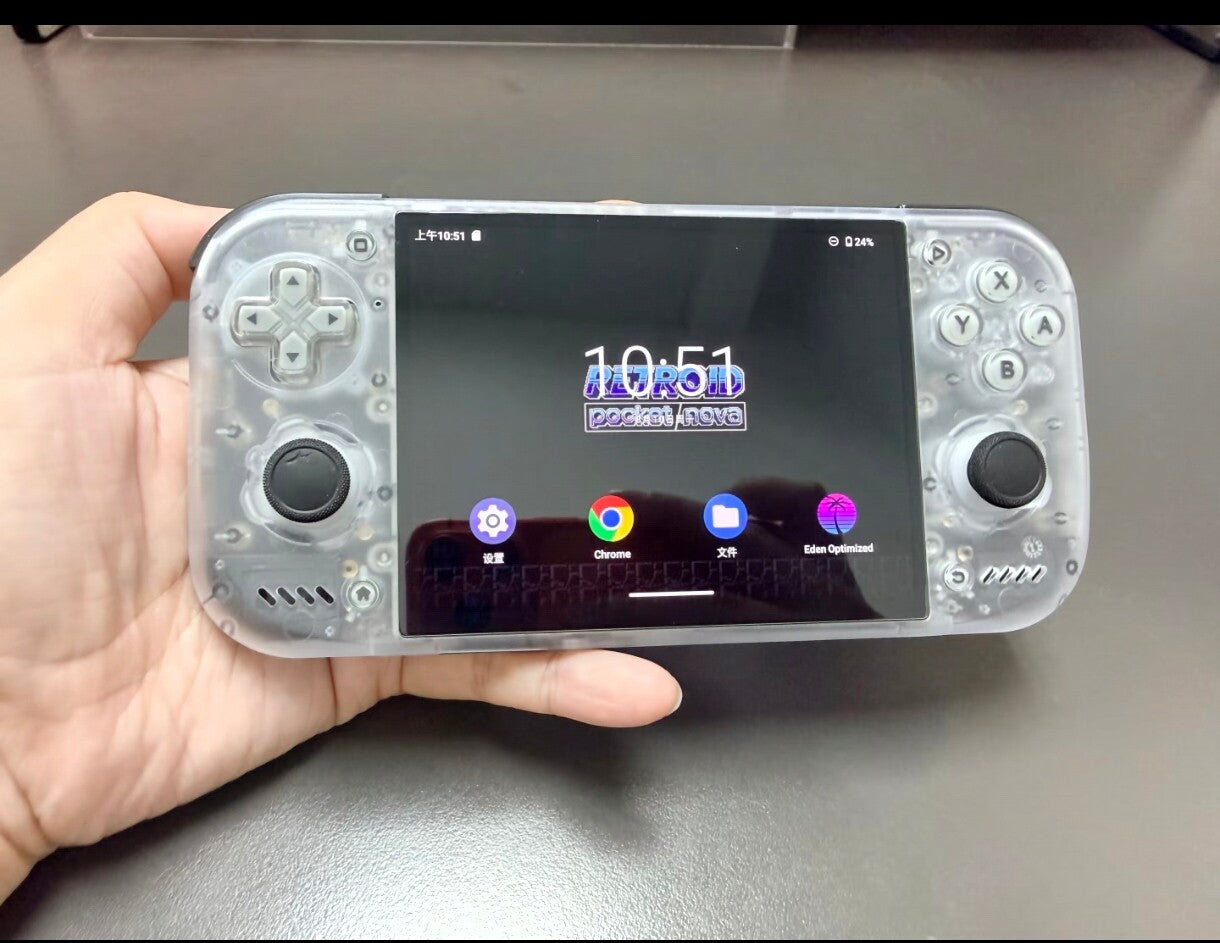 Retroid Pocket Nova: 4.5-inch 4:3 AMOLED high-refresh-rate display (120Hz) and RGB joystick lighting.