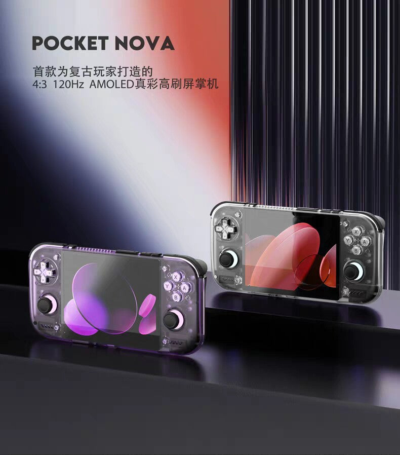 Retroid Pocket Nova: 4.5-inch 4:3 AMOLED high-refresh-rate display (120Hz) and RGB joystick lighting.