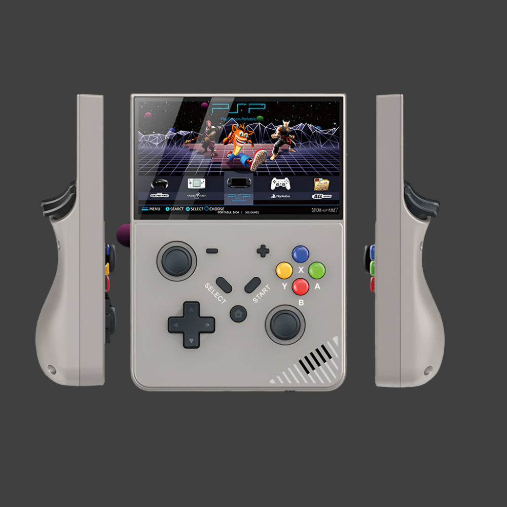 Vintage-style video game console with screen and controllers on a space-themed background