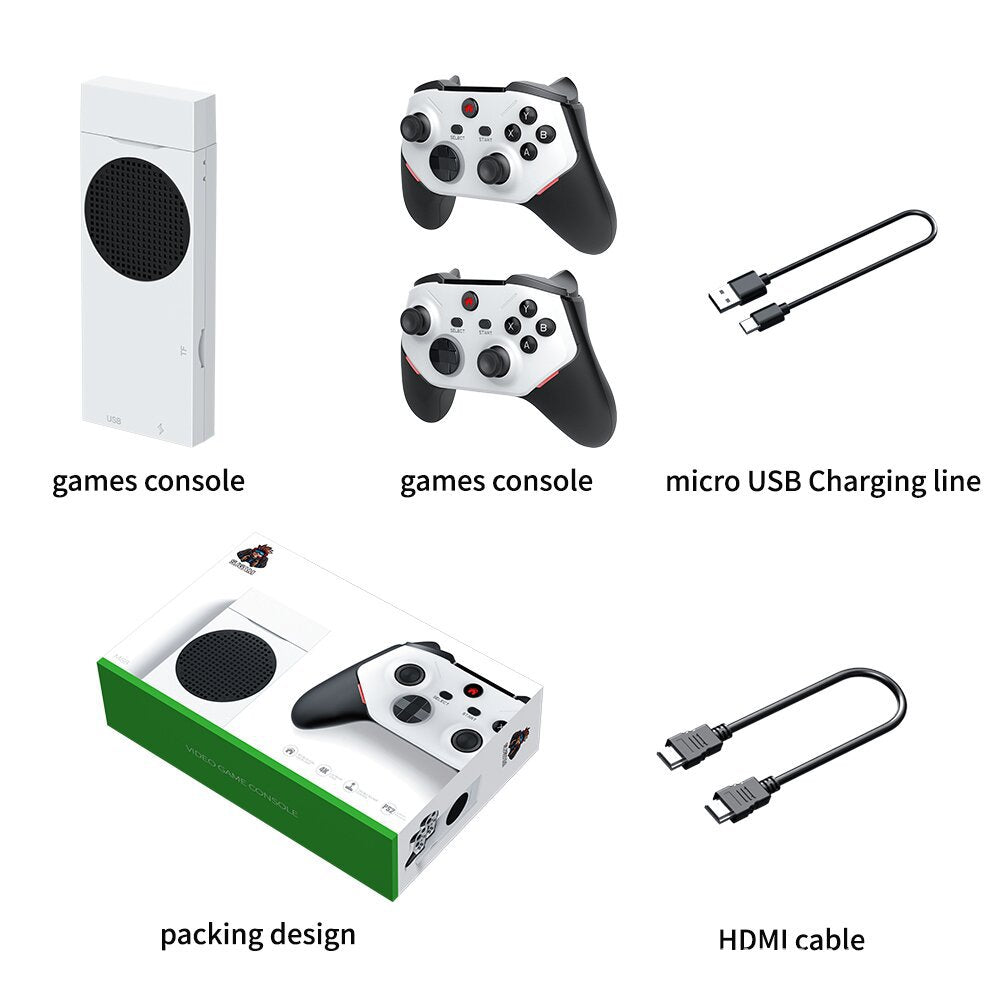 Gaming console with controllers, charging line, and HDMI cable on a white background