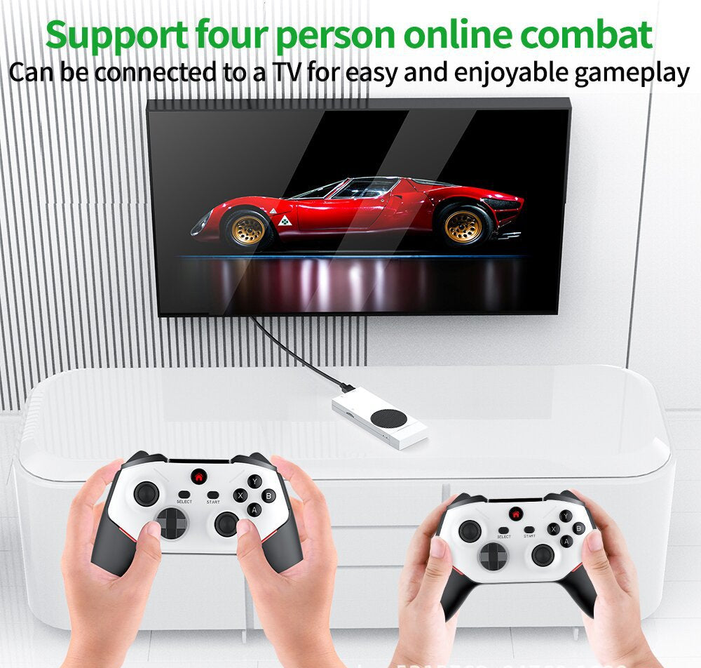 Two hands holding gaming controllers with a TV displaying a red car, text about online combat and TV connection.