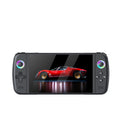 Handheld gaming console with RGB light effects on a white background