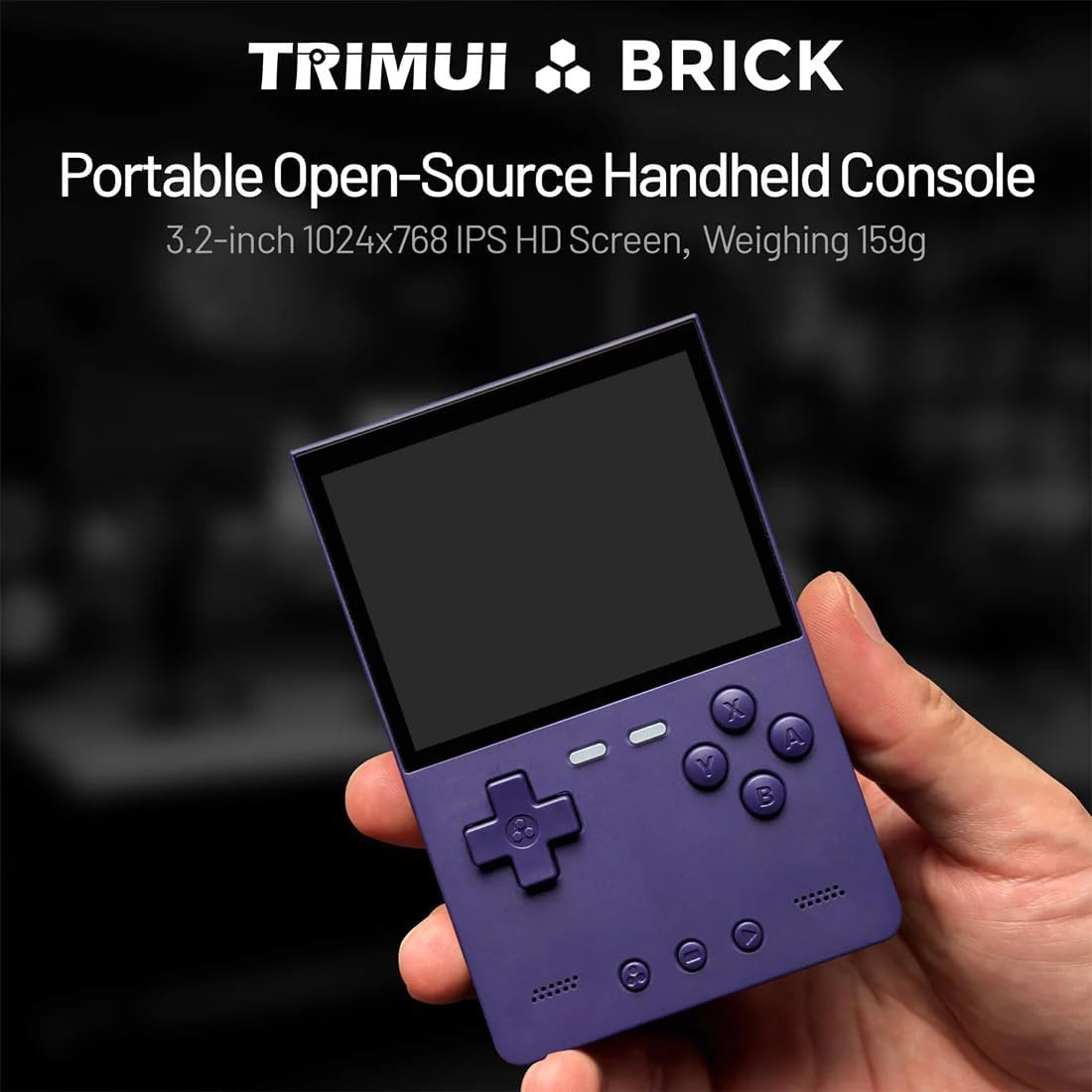 Purple handheld console held in a hand with 'TRIMUI BRICK' branding and product details.