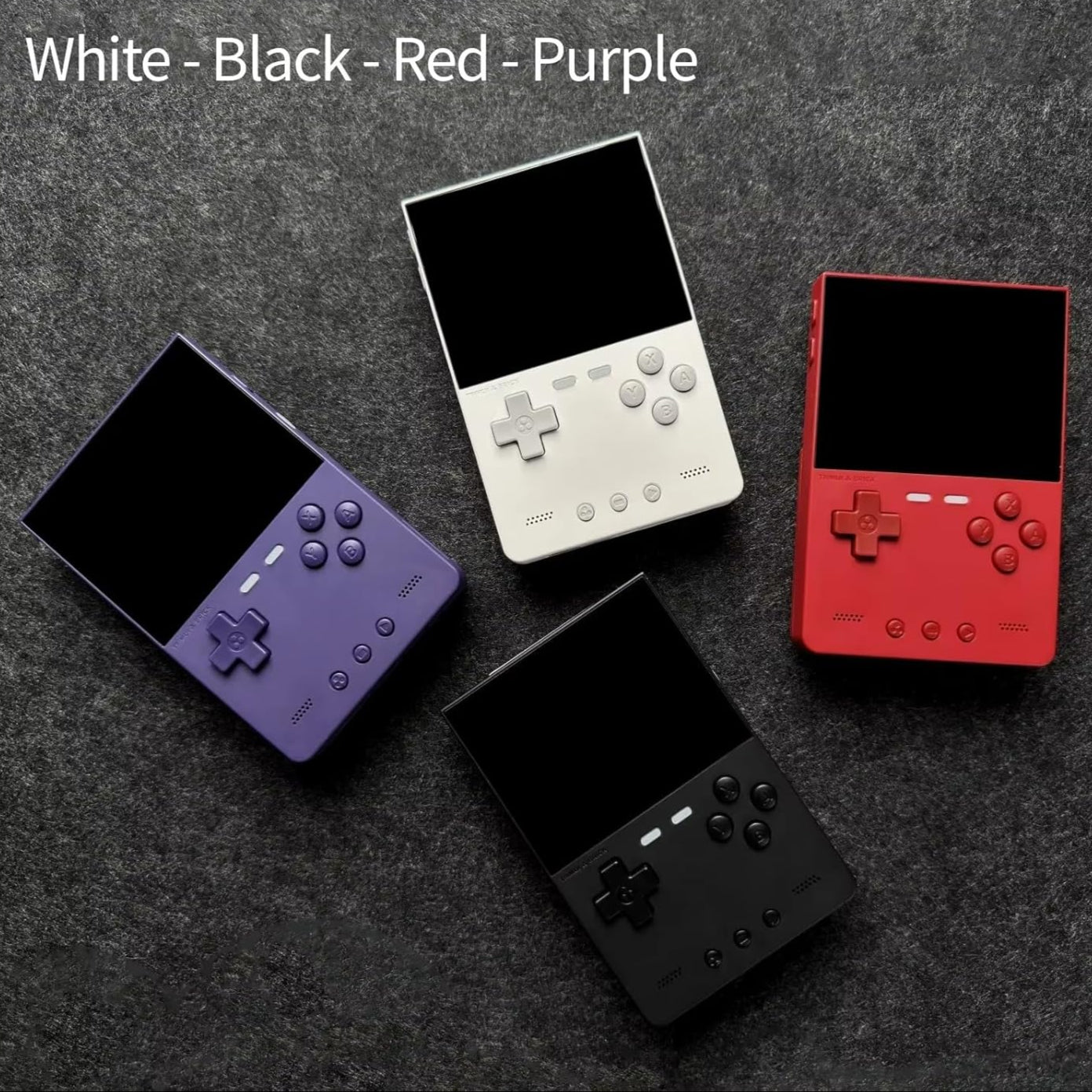 Four handheld gaming consoles in white, black, red, and purple on a dark textured background with 'TRIMUI BRICK' branding.
