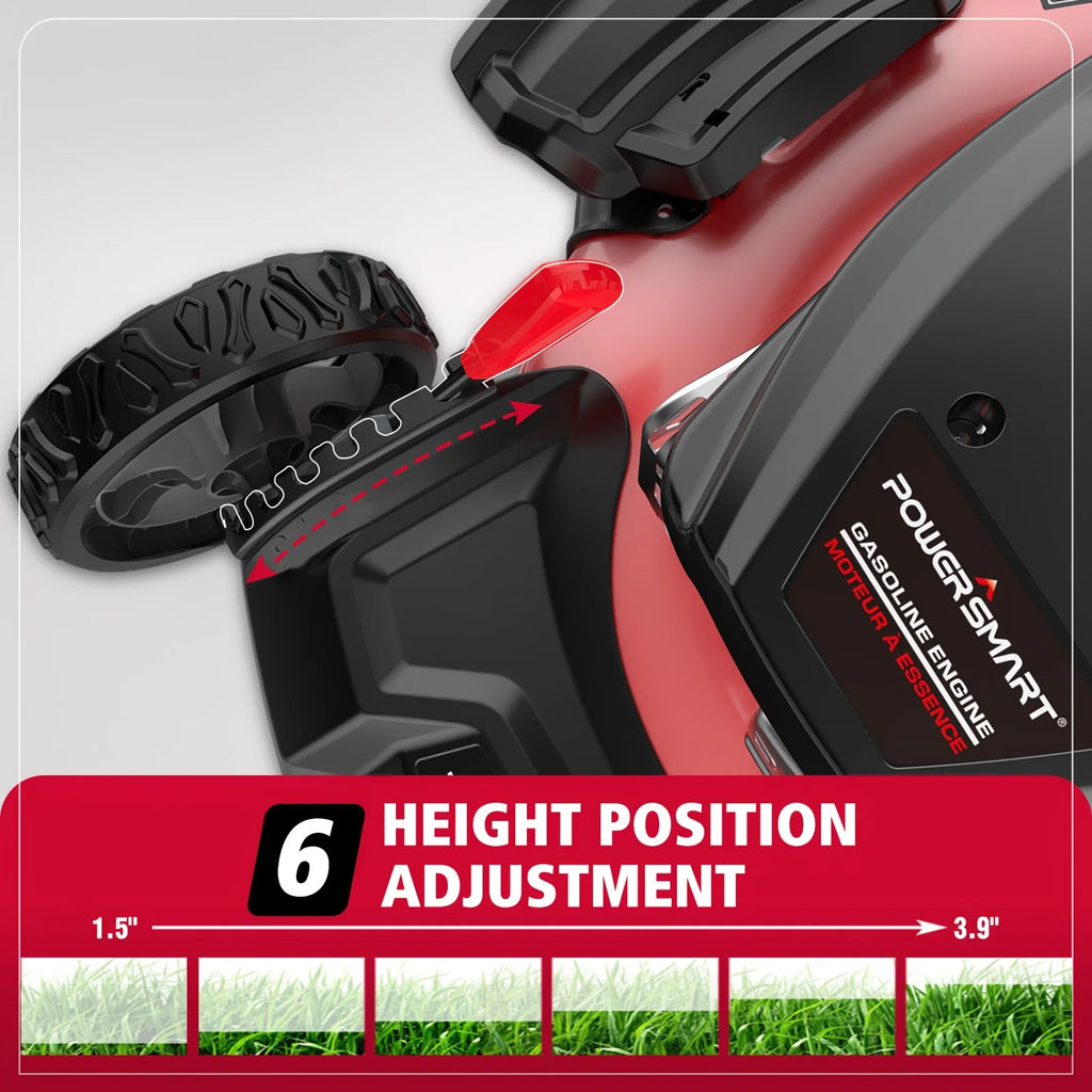 PowerSmart 21 in. 144cc Gas Push Lawn Mower, 2-in-1 Mulching and Discharge, 6-Position Height Adjustment, High Rear Wheels, Gard