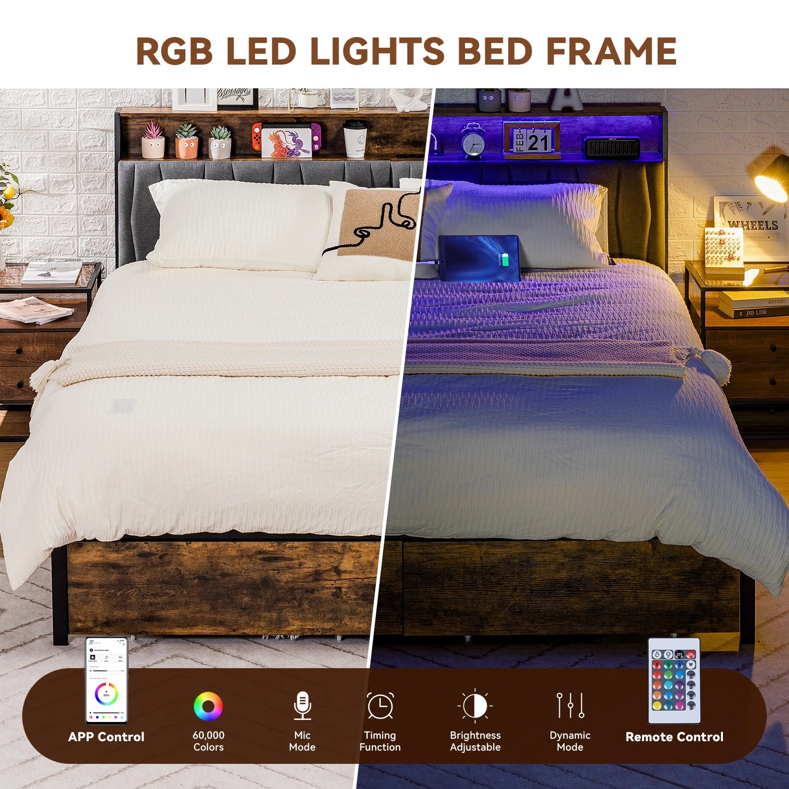 Comhoma Bed Frame, Platform Bed Frame with 2 Storage Drawers, Power Outlets, 2-Tier Storage Headboard and Led