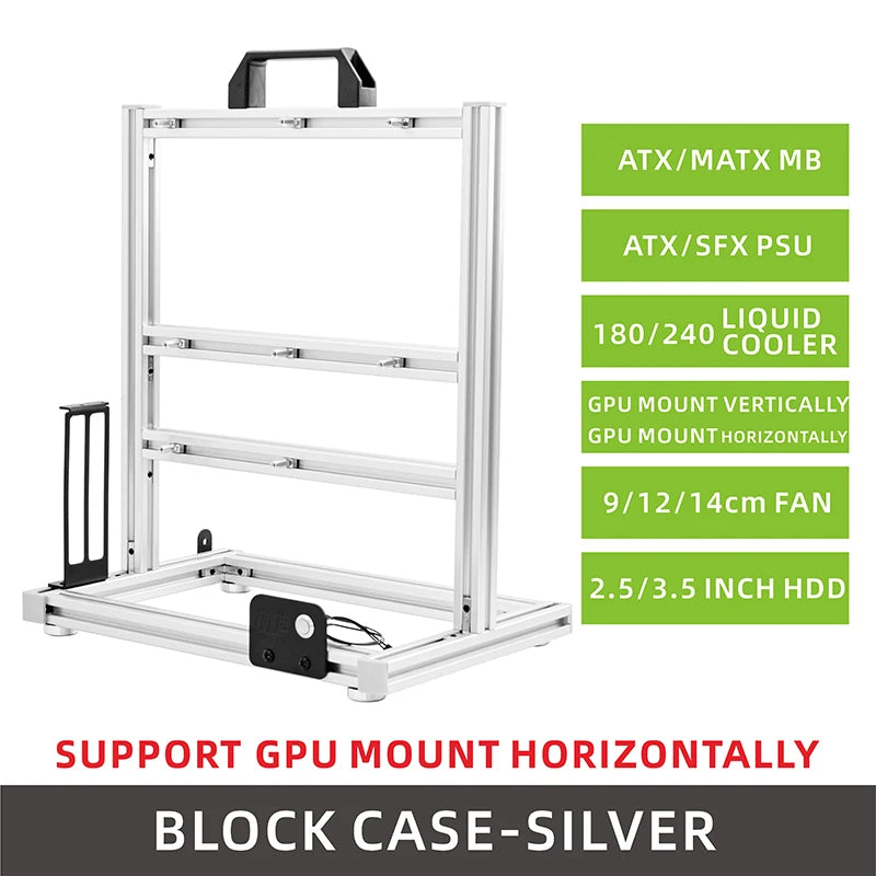 METALFISH BlockCase Aluminum Open Frame Case Support ATX/M-ATX Mainboard GPU Mount Horizontally 240 Water Cooler Gaming Cabinet