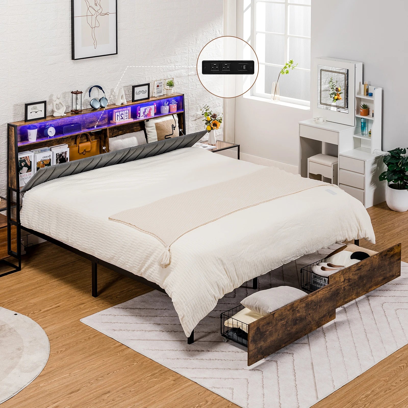 Comhoma Bed Frame, Platform Bed Frame with 2 Storage Drawers, Power Outlets, 2-Tier Storage Headboard and Led
