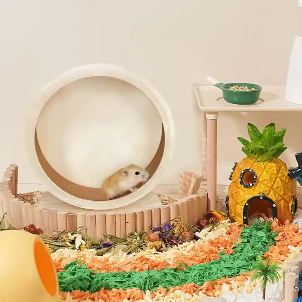 Hamster running wheel golden bear silent wooden with stand with cork pad roller sports toy landscaping small pet supplies