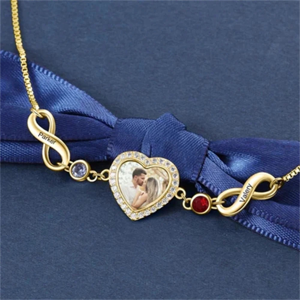 Custom Heart Photo Pendant Infinity Nameplate Bracelet Engraved With Name and Birthstone Personalized Exquisite Jewelry Gifts