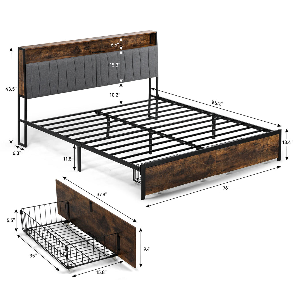 Comhoma Bed Frame, Platform Bed Frame with 2 Storage Drawers, Power Outlets, 2-Tier Storage Headboard and Led