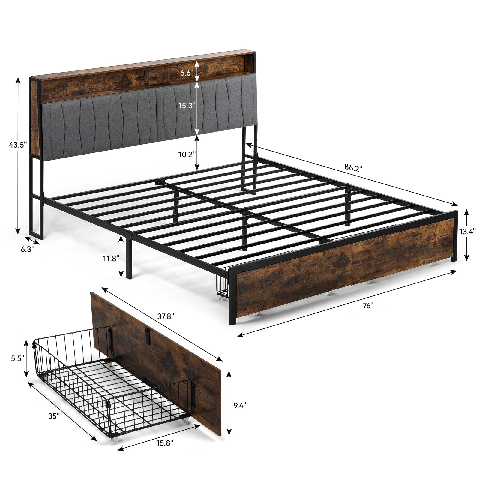 Comhoma Bed Frame, Platform Bed Frame with 2 Storage Drawers, Power Outlets, 2-Tier Storage Headboard and Led