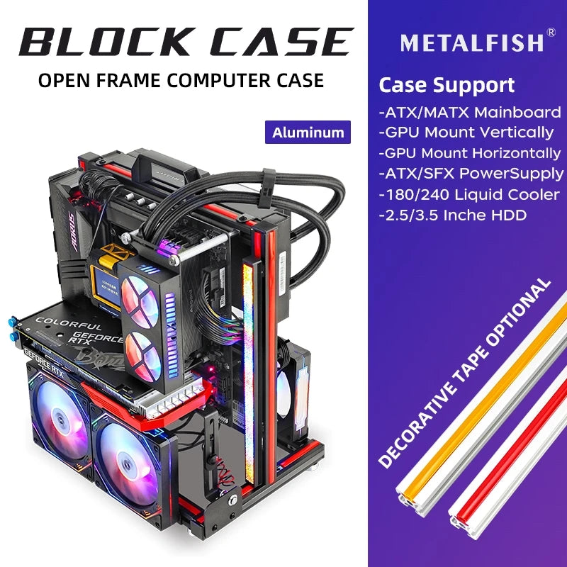 METALFISH BlockCase Aluminium Open Frame Case unterstützt ATX/M-ATX Mainboard GPU Mount Horizontal 240 Wasserkühler Gaming Cabinet