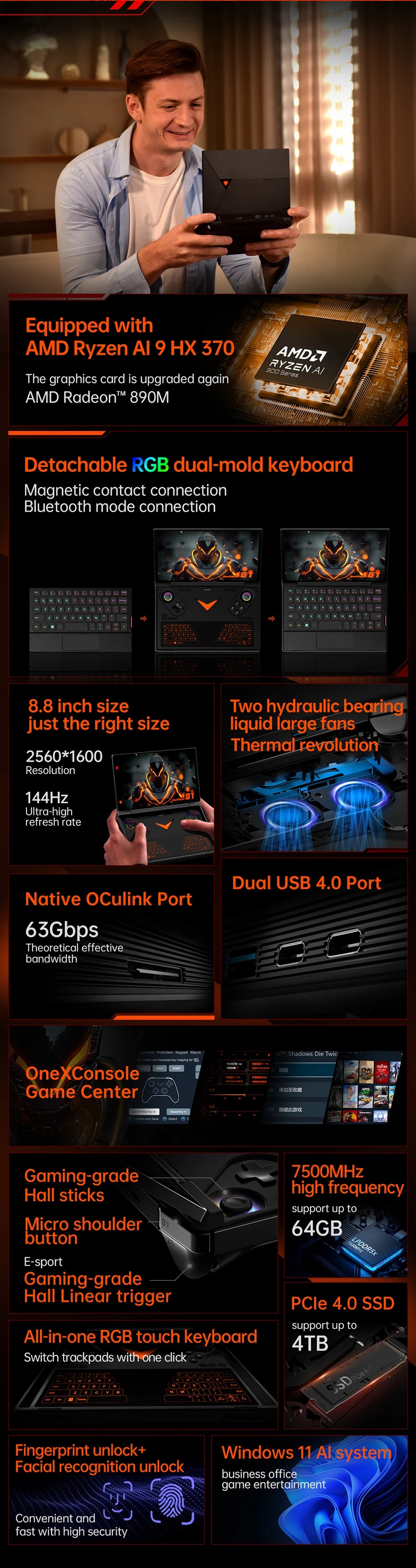 New Onexplayer G1 8.8 Inch AI HX 370 Oculink Laptop Video Game Portable Game pc Laptop Bluetooth Dual Keyboard