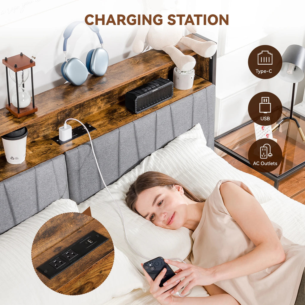 Comhoma Bed Frame, Platform Bed Frame with 2 Storage Drawers, Power Outlets, 2-Tier Storage Headboard and Led