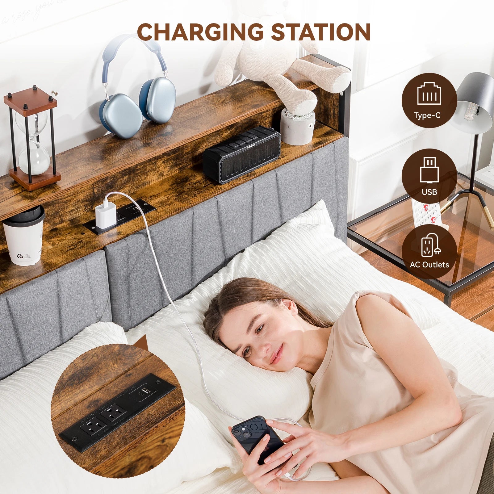 Comhoma Bed Frame, Platform Bed Frame with 2 Storage Drawers, Power Outlets, 2-Tier Storage Headboard and Led