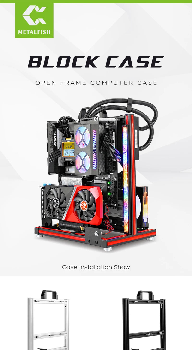 METALFISH BlockCase Aluminium Open Frame Case unterstützt ATX/M-ATX Mainboard GPU Mount Horizontal 240 Wasserkühler Gaming Cabinet
