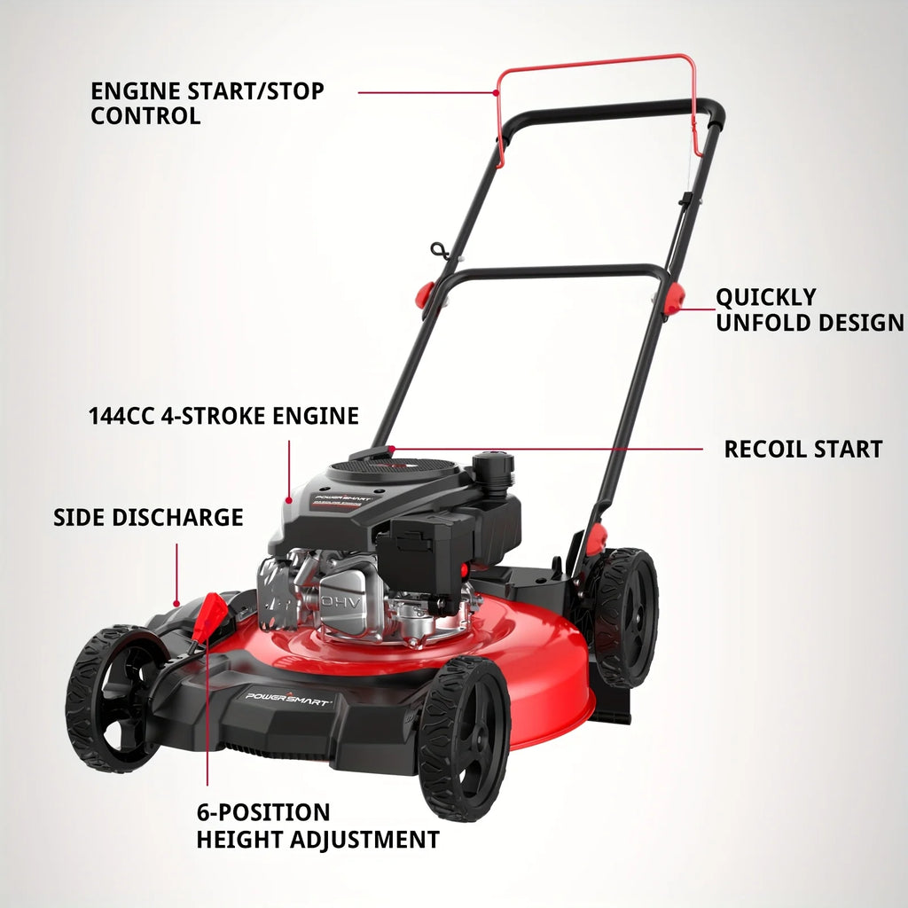 PowerSmart 21 in. 144cc Gas Push Lawn Mower, 2-in-1 Mulching and Discharge, 6-Position Height Adjustment, High Rear Wheels, Gard