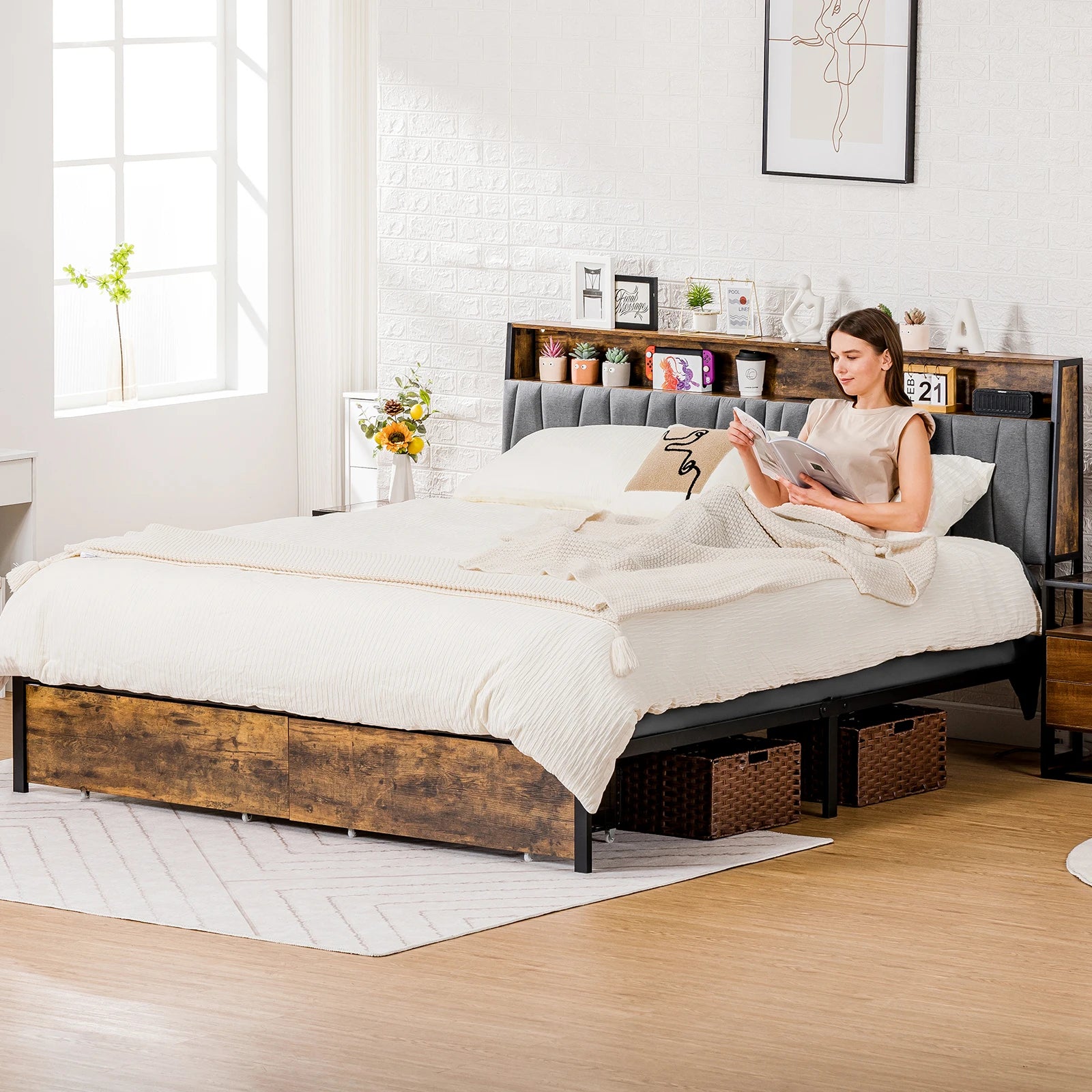 Comhoma Bed Frame, Platform Bed Frame with 2 Storage Drawers, Power Outlets, 2-Tier Storage Headboard and Led