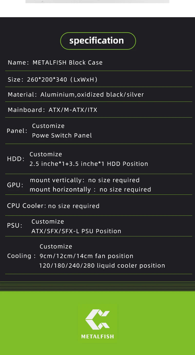 METALFISH BlockCase Aluminium Open Frame Case unterstützt ATX/M-ATX Mainboard GPU Mount Horizontal 240 Wasserkühler Gaming Cabinet