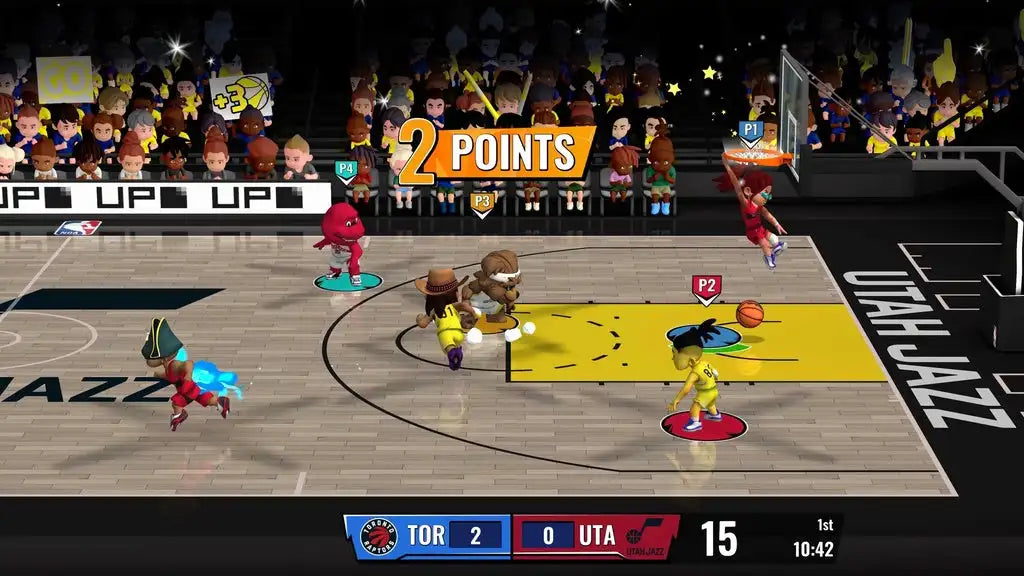 NBA Bounce Switch ES - Basketball Game for Nintendo Switch, featuring 30 official NBA teams, local co-op for 4 players, easy controls, and mascot chaos for fun gameplay. Enjoy various modes and train your skills in this excit