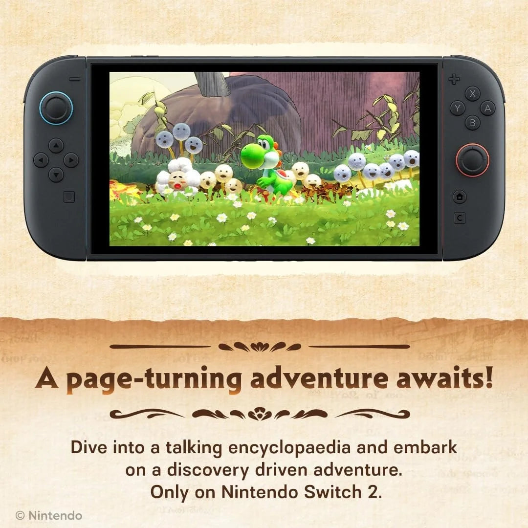 Yoshi and the Mysterious Book Game for Nintendo Switch 2, physical format, English language, factory sealed, Nintendo brand, compatible with Switch games, includes multi-language subtitles for an immersive experience.