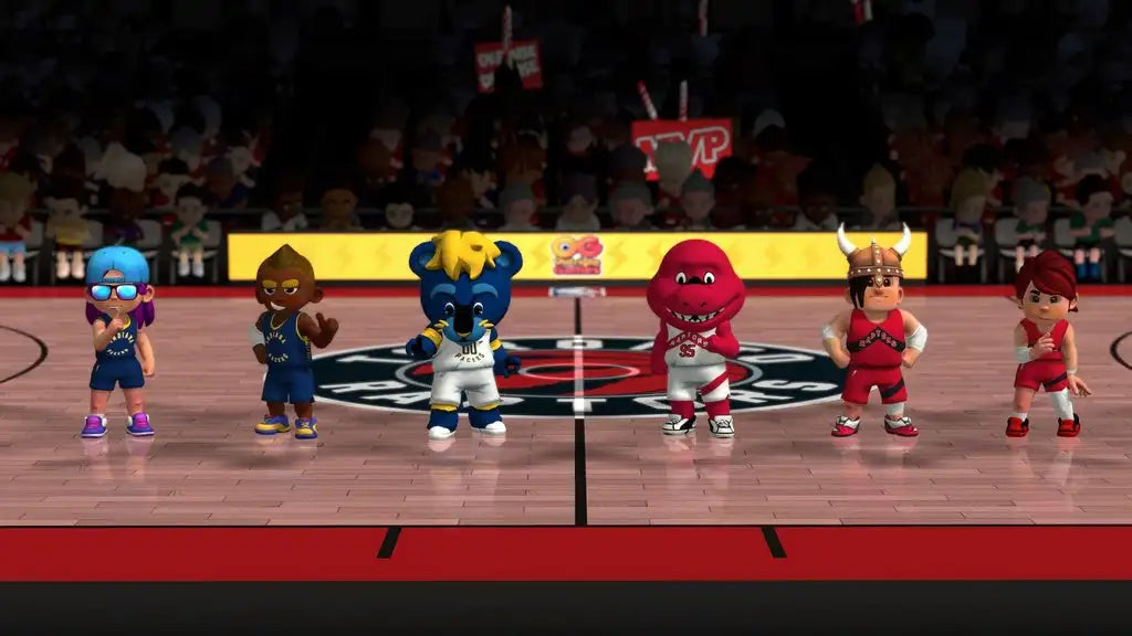 NBA Bounce Switch ES - Basketball Game for Nintendo Switch, featuring 30 official NBA teams, local co-op for 4 players, easy controls, and mascot chaos for fun gameplay. Enjoy various modes and train your skills in this excit