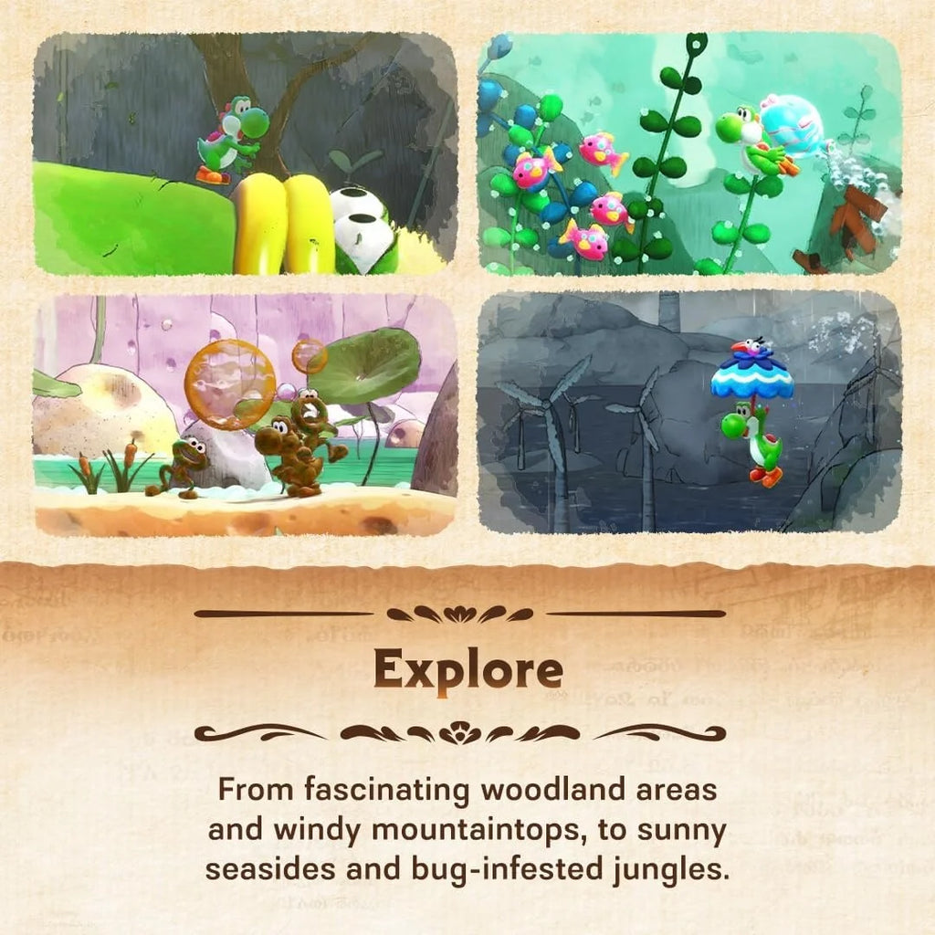 Yoshi and the Mysterious Book Game for Nintendo Switch 2, physical format, English language, factory sealed, Nintendo brand, compatible with Switch games, includes multi-language subtitles for an immersive experience.