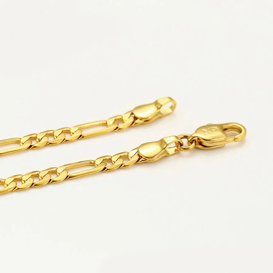 XP Jewelry --( 50 60 cm x 4 mm ) Slim Long Figaro Chain 3:1 Men 24 k Pure Gold Color Fashion European Style